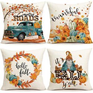 Set of 4 Fall Decor Pillow Covers 18x18 -Blue & Orange Pumpkins, Farmhouse Style